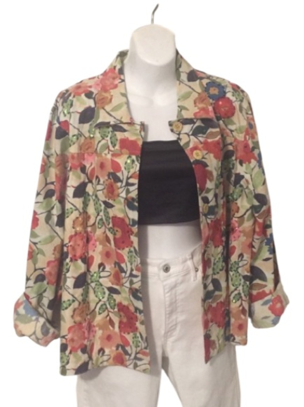 Life Style Womens Multi Color Floral Sequin Button Down Jacket Sz XL